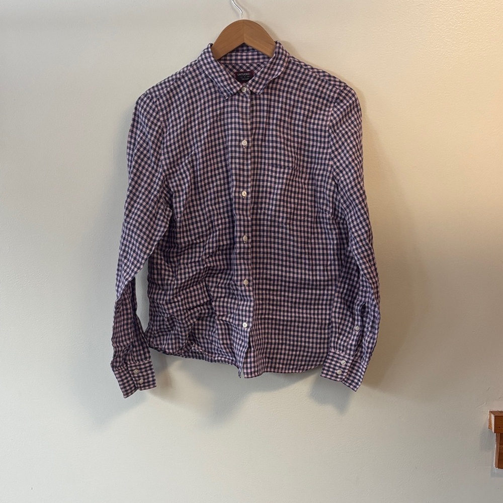 UNTUCKit women’s 100% linen Blue and lavender Checkered Shirt sz 6